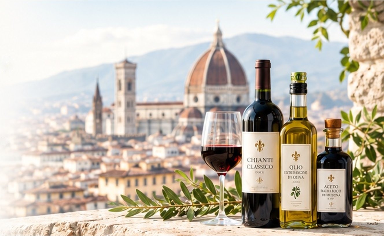 Bottles of wine, olive oil and balsamic vinegar in front of the Florence skyline
